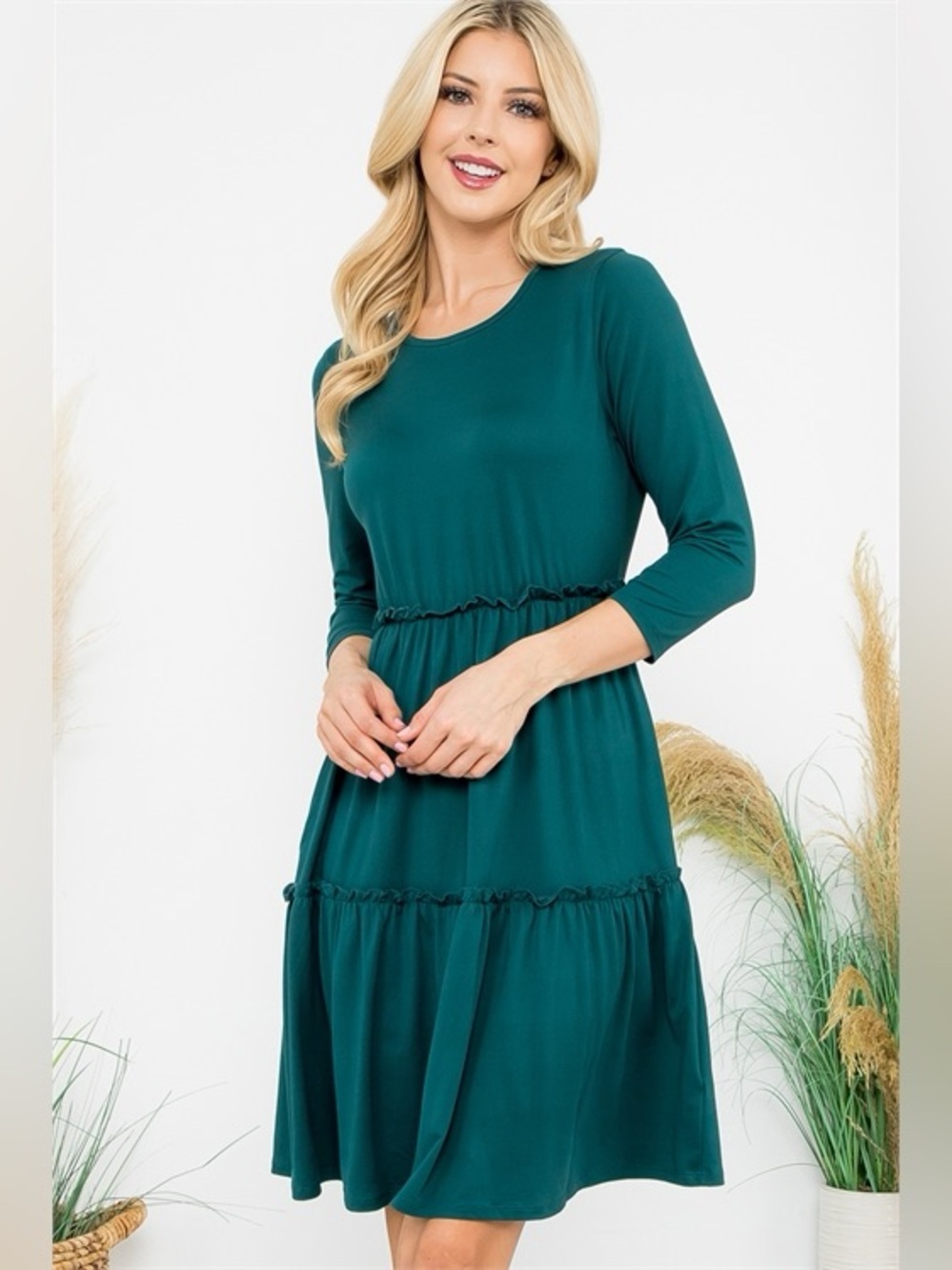 Emerald Green Tiered Midi Dress | Flowy Long Sleeve Casual Dress | Everyday Chic